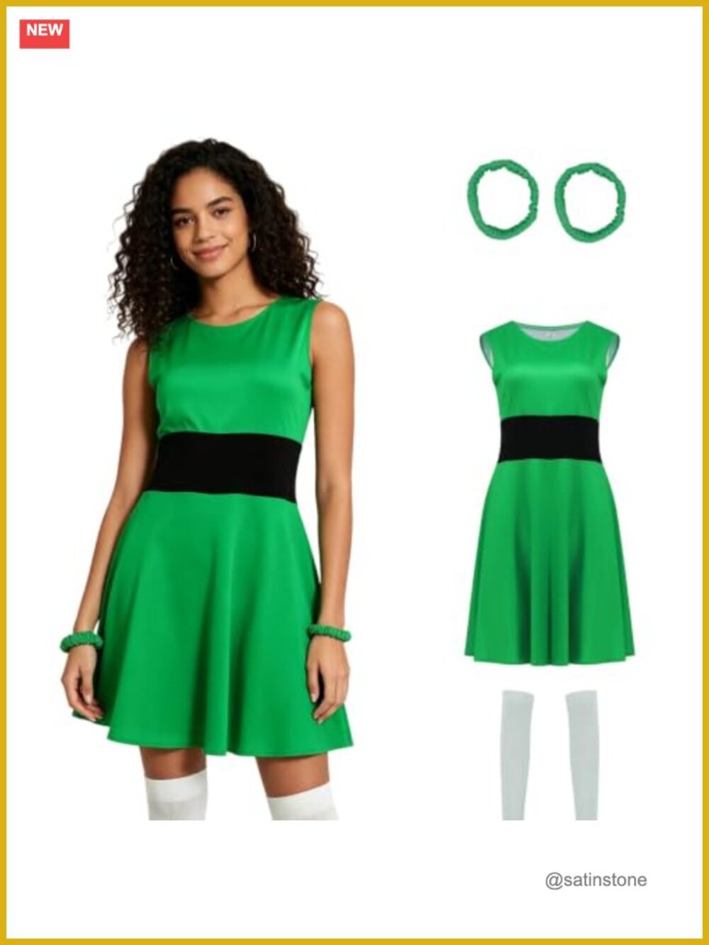 Sleeveless Color Block Skater Mini Dress with Waistband and Hair Accessories